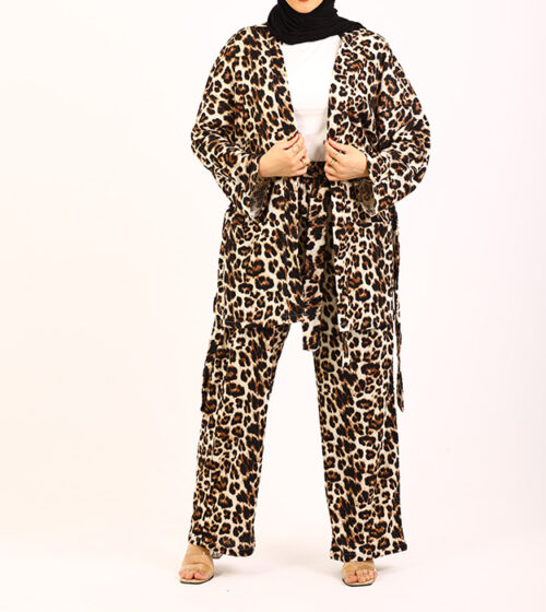 Wild Sophistication - Leopard Print Kimono and Wide-Leg Pants Set
